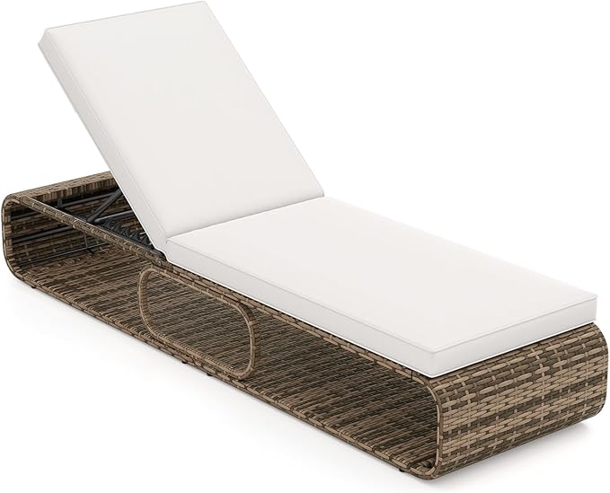 Tangkula Outdoor Chaise Lounge Chair, 7-Position PE Wicker Patio Reclining Sun Lounger with Adjustable Backrest, Cushion and Storage, Pool Sunbathing Recliner for Poolside, Backyard (1, Off White)