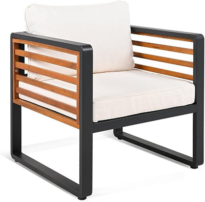 Large Size 4-Pieces Outdoor Furniture Sofa for 5 Person Conversation Set, Garden Sofa Set with Removable Cushion, Metal and Wood Frame Sofa Set, Thick Cushions, Acacia Wood Tabletop, Beige