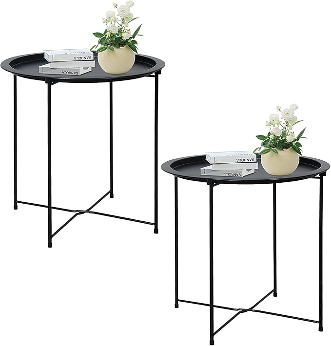 Garden 4 you End Table 2 PCS Metal Side Table Black Round Folding Tray Cyan Sofa Small Accent Fold-able Table - Photo 1