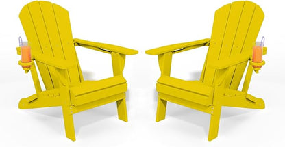 Folding Adirondack Chair with Cup Holders Set of 2, HDPE Plastic Outdoor Chairs, Weather Resistant, Real Wood Look for Patio, Deck, Fire Pit, Backyard, Yellow