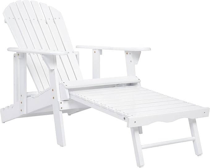 Merax Folding Adjustable Acacia Wood Adirondack Chairs, Water Proof with Retractable Ottoman Outdoor Wooden Lounge Reclining Chair for Garden, Patio, White
