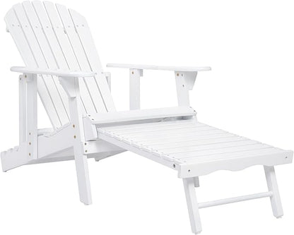 Merax Folding Adjustable Acacia Wood Adirondack Chairs, Water Proof with Retractable Ottoman Outdoor Wooden Lounge Reclining Chair for Garden, Patio, White