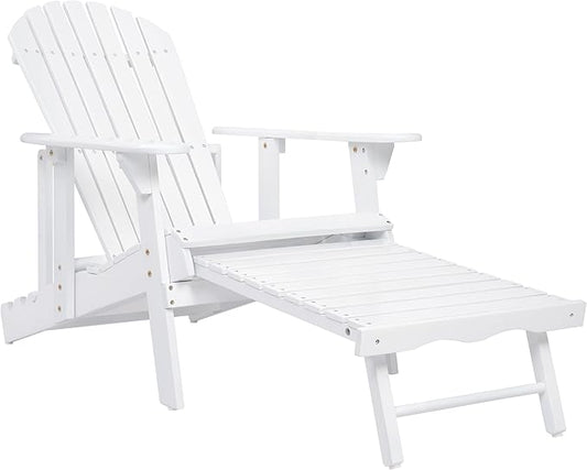 Merax Folding Adjustable Acacia Wood Adirondack Chairs, Water Proof with Retractable Ottoman Outdoor Wooden Lounge Reclining Chair for Garden, Patio, White