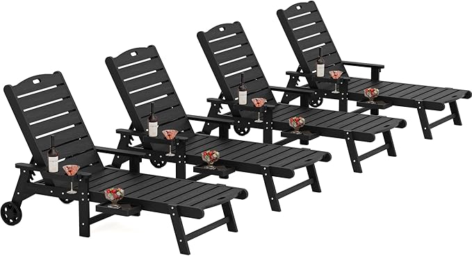 YEFU Chaise Lounge Chairs Set of 4 Outdoor,Pool Lounge Chair with Adjustable Backrest,All Weather Patio Lounge Chair with Cup Holder&Armrest,for Outside,Beach,Deck,Heavy Duty,400lbs Capacity(Black)