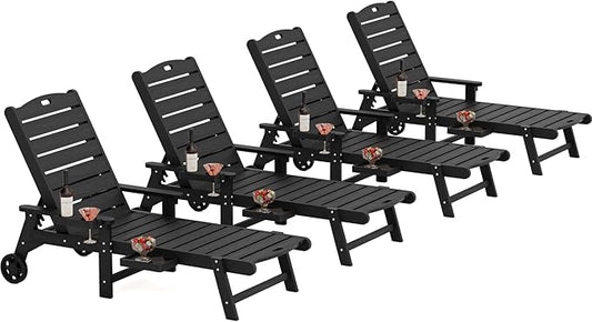 YEFU Chaise Lounge Chairs Set of 4 Outdoor,Pool Lounge Chair with Adjustable Backrest,All Weather Patio Lounge Chair with Cup Holder&Armrest,for Outside,Beach,Deck,Heavy Duty,400lbs Capacity(Black)