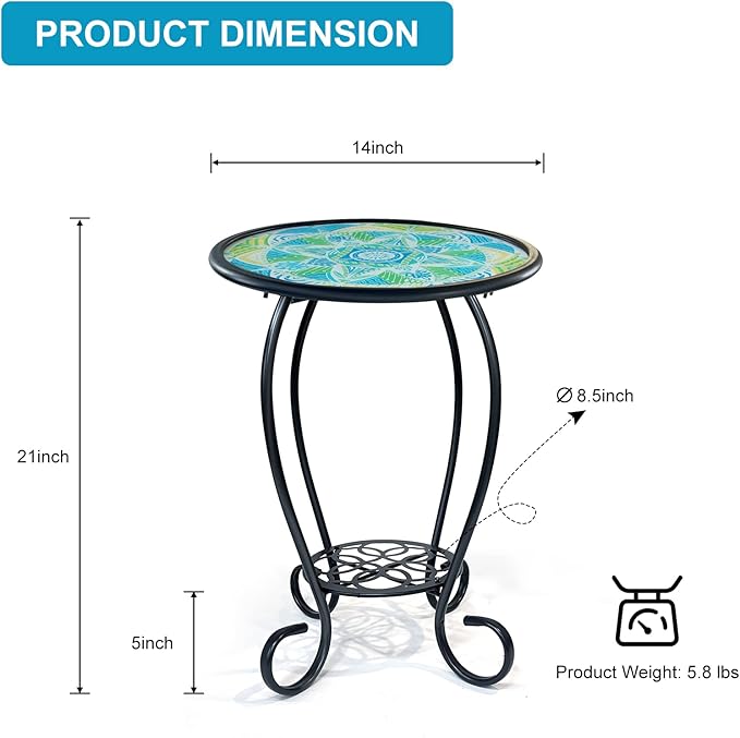 LIFFY Mosaic Outdoor Side Table, 14" Round Flower Patio Side Table with Storage Shelf, Small Bistro Coffee Table for Garden Yard Porch Living Room