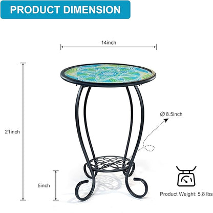 HONGLAND Mosaic Outdoor Side Table, 14" Round Patio Side Table, Mosaic Plant Stand, End Table W/Storage Shelf, Small Bistro Coffee Table for Garden Yard Porch Living Room(Green)