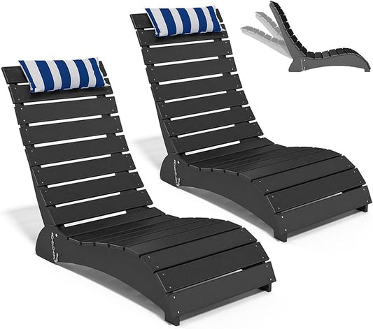 Pool Lounge Chairs Set of 2, HDPE Adjustable Chaise Chairs with Headrest, Weighted Fade-Resistant Pool Chairs and Lounger for Baja Ledge，Poolside and Deck, Black