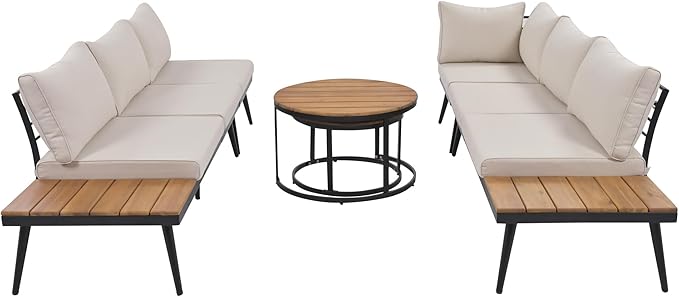 Modern Outdoor Sectional Sofa Set with Round Nesting Coffee Tables and Cushions, 6-Piece Patio Furniture Set for Porch - Photo 9
