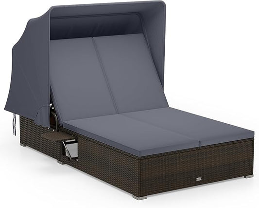 Tangkula Outdoor Rattan Daybed with Canopy & 6-Level Adjustable Backrests, 2-Person Wicker Recliner Bed with Cushions & Folding Side Trays, Double Sunbed Lounger for Balcony, Backyard & Poolside
