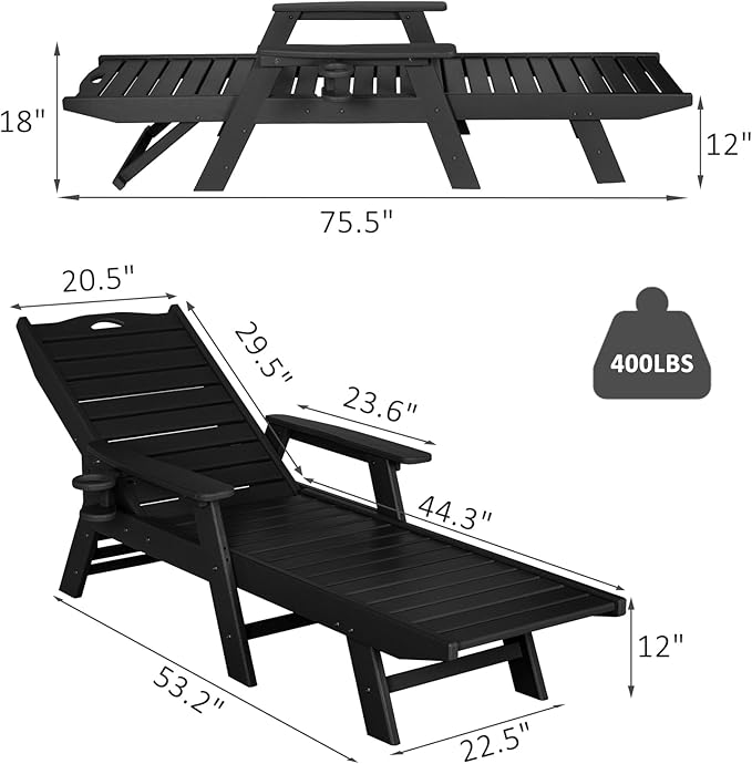 nalone Chaise Lounge Outdoor with 5-Position Adjustable Backrest, HDPE Lounge Chair for Outside Supports Up to 400 LBS, Pool Lounge Chairs for Patio Poolside Deck Beach Backyard (Black)