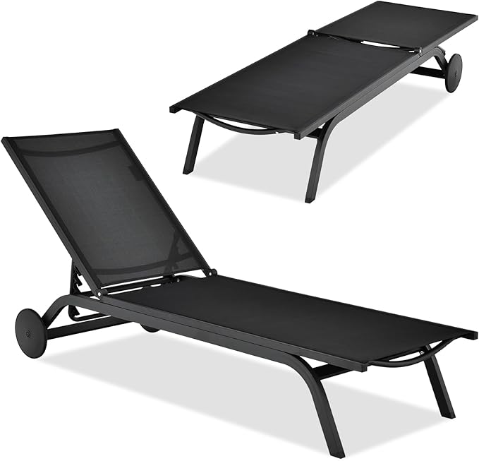 COSTWAY Outdoor Patio Chaise Lounge, 6-Position Adjustable Pool Lounger with Stable Aluminum Frame, Portable Sun Bathing Lounge Chair on Wheels for Backyard Garden, Black
