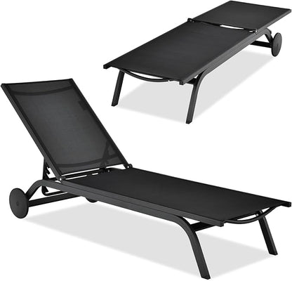 COSTWAY Outdoor Patio Chaise Lounge, 6-Position Adjustable Pool Lounger with Stable Aluminum Frame, Portable Sun Bathing Lounge Chair on Wheels for Backyard Garden, Black