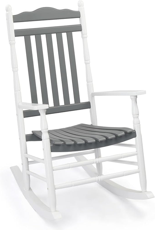VINGLI Wooden Rocking Chair Outdoor, Patio Rockers with High Back, Support 450 LBS Rocking Chairs, for Porch, Patio, Balcony, Garden, Yard (White&Grey, 1 PC)