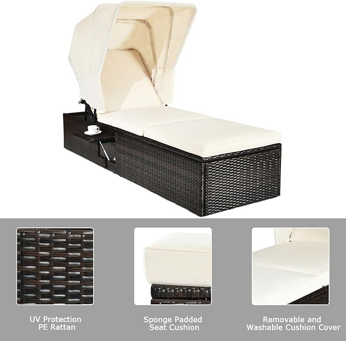 Tangkula Outdoor Chaise Lounge Chair with Folding Canopy, Adjustable Cushioned Reclining Chair with Flip-up Tea Table, Rattan Sun Lounger for Beach Poolside Backyard Balcony Porch