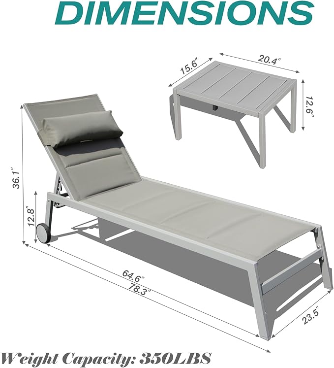 Domi Patio Chaise Lounge Set of 3, Outdoor Lounge Chair, Aluminum Textilene Padded 5 Position Pool Lounger, Stackable Lounge Chair w/Headrest, Wheels, Side Table, for Beach Backyard Lawn, Grey