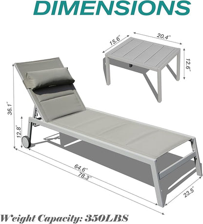 Domi Patio Chaise Lounge Set of 3, Outdoor Lounge Chair, Aluminum Textilene Padded 5 Position Pool Lounger, Stackable Lounge Chair w/Headrest, Wheels, Side Table, for Beach Backyard Lawn, Grey