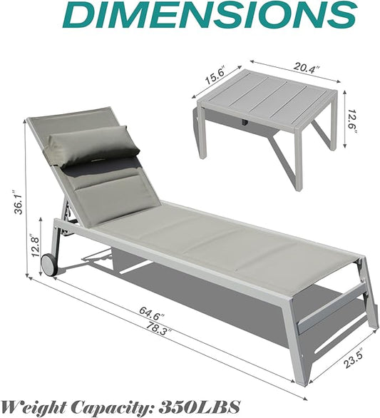 Domi Patio Chaise Lounge Set of 3, Outdoor Lounge Chair, Aluminum Textilene Padded 5 Position Pool Lounger, Stackable Lounge Chair w/Headrest, Wheels, Side Table, for Beach Backyard Lawn, Grey