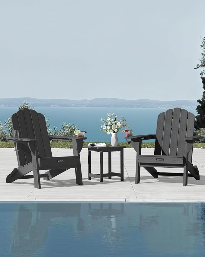 Folding Adirondack Chair, HDPE Adirondack Chair with 2 Cup-Holders, Outdoor Fire Pit Chairs for Poolside, Garden, Patio - Photo 2