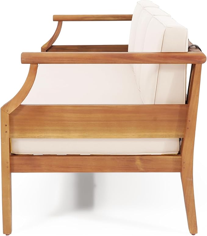 Christopher Knight Home Aston Outdoor 3 Seater Sofa, Upholstered Cushion Couch, Acacia Wood Bench Sofa, Slat Armchair - Photo 6