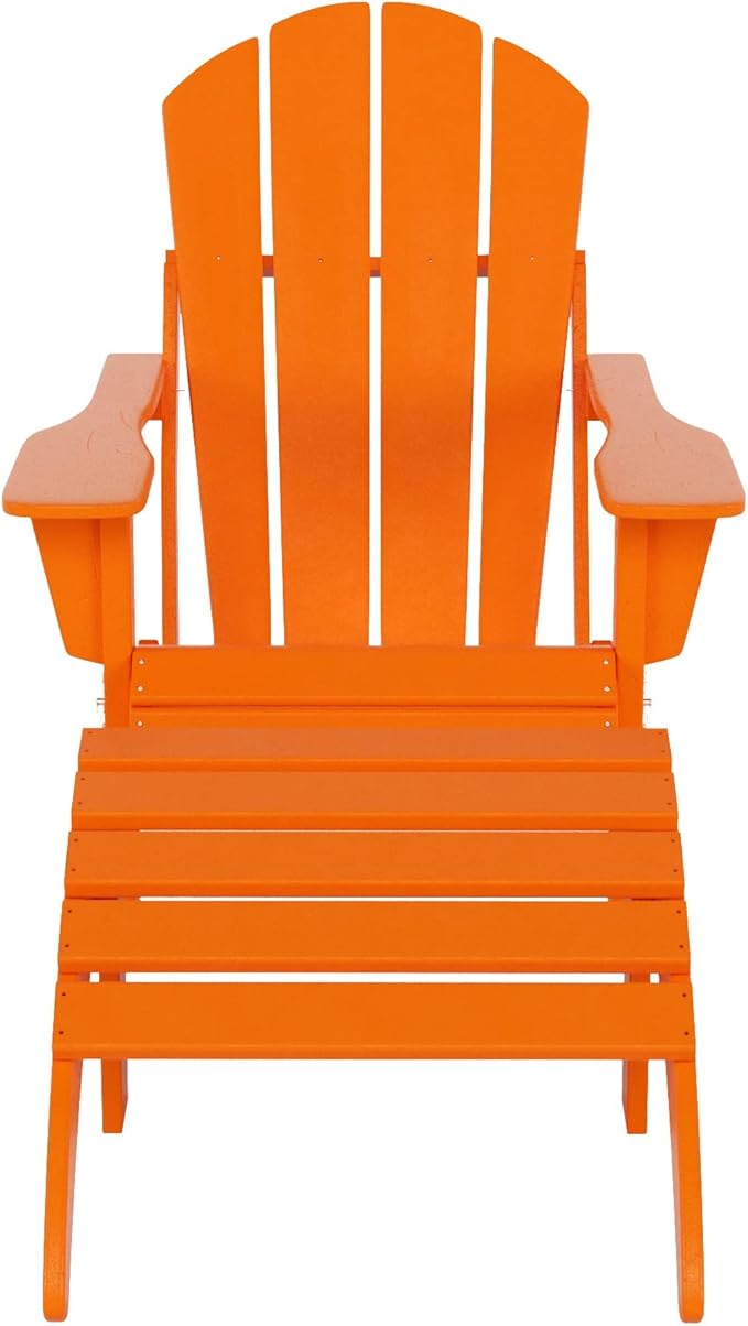 WestinTrends Malibu Outdoor Lounge Chair, 2-Pieces Adirondack Chair Set with Ottoman, All Weather Poly Lumber Patio Lawn Folding Chairs for Outside Pool Garden Backyard Beach, Orange