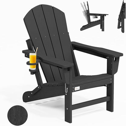 Mdeam 3-Position Adjustable Adirondack Chair, 400LBS Capacity, Cup Holder, Wooden Textured, All-Weather HDPE Folding Fire Pit Outdoor Chairs for Poolside Deck Patio Garden Yard Lawn Campfire - Black