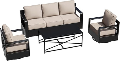 Outdoor Aluminum Furniture Set, 4-Piece Patio Conversation Set, 2 Swivel Chairs, 1 Sofa and 1 Table, All-Weather Metal Frame, 6" Thick Removable Cushions, Deep Setting for Garden, Poolside and Porch