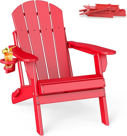 BRIOPAWS Folding-Adirondack-Chair | HDPE | Fire Pit Chairs | Cup Holder | Weather Resistance | Red | for Outdoor Backyard Deck Patio
