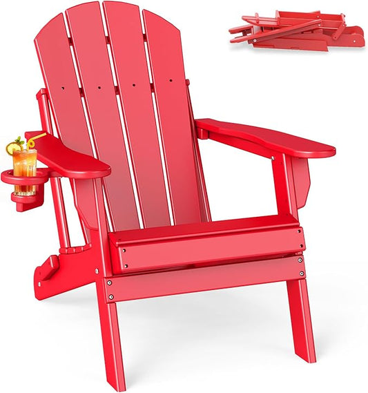 BRIOPAWS Folding-Adirondack-Chair | HDPE | Fire Pit Chairs | Cup Holder | Weather Resistance | Red | for Outdoor Backyard Deck Patio