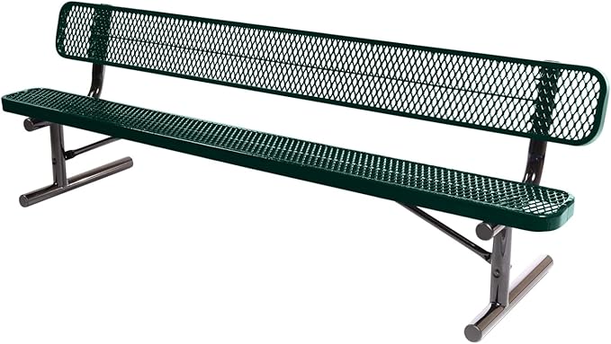 COATEDOUTDOORFURNITURE Heavy-Duty Portable Outdoor Bench Thermoplastic Coated, Expanded Metal, Commercial-Grade Seating, Made in America (Portable with Back, 8 Ft, Dark Green)