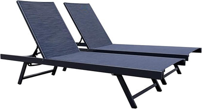 Vivere Set of 2 Aluminum Outdoor Chaise Lounge Chairs, Urban Sun Adjustable Reclining Patio Loungers, Lay Flat Tanning Chairs with Sling Seat, Navy
