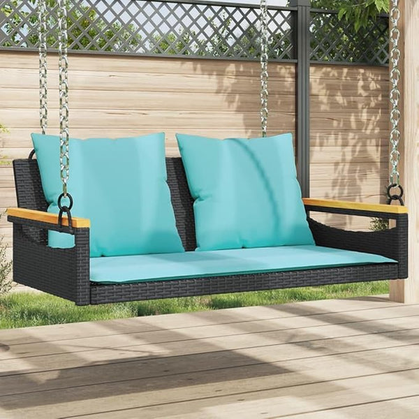 Patio Swing Bench Black and Blue for Two with Removable Cushions, Durable Poly Rattan Outdoor Seating - Photo 1
