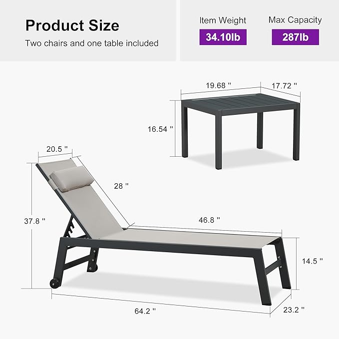 PURPLE LEAF Outdoor Lounge Chair Set of 3 Patio Chaise Pool Lounger Aluminum Frame with Side Table and Wheels for - Photo 2