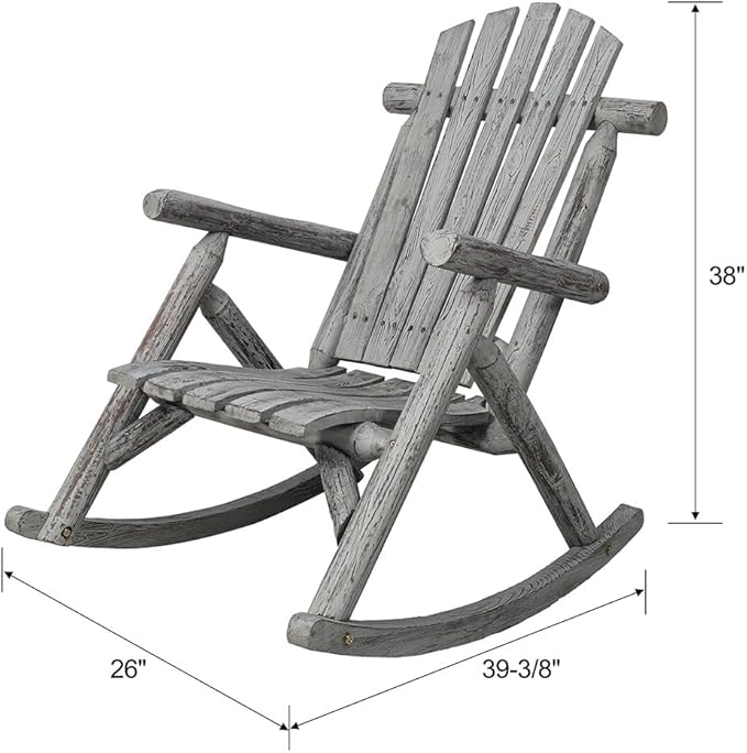 Outdoor Cedar Log Rocking Chair for Adults, Heavy Duty Wooden Porch Rocker with High Back & Ergonomic Slatted Seat, 330 LB Capacity Rocking Chair for Patio, Garden, Balcony, Yard,Gray