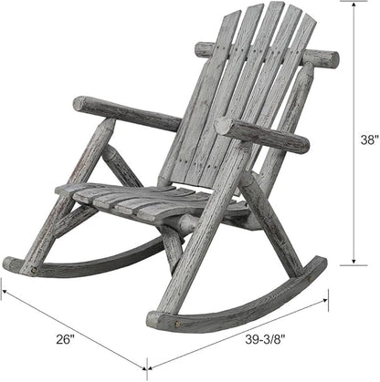 Outdoor Cedar Log Rocking Chair for Adults, Heavy Duty Wooden Porch Rocker with High Back & Ergonomic Slatted Seat, 330 LB Capacity Rocking Chair for Patio, Garden, Balcony, Yard,Gray