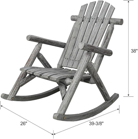 Outdoor Cedar Log Rocking Chair for Adults, Heavy Duty Wooden Porch Rocker with High Back & Ergonomic Slatted Seat, 330 LB Capacity Rocking Chair for Patio, Garden, Balcony, Yard,Gray