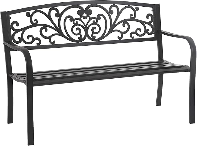 Black Metal Garden Bench, Antique Outside Bench, 50" Seat for 2 People, Durable Iron Frame for Park Yard Porch Outdoors Chair