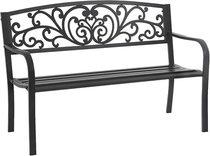 Black Metal Garden Bench, Antique Outside Bench, 50" Seat for 2 People, Durable Iron Frame for Park Yard Porch Outdoors Chair