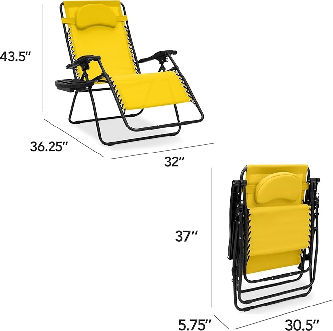 Best Choice Products Oversized Zero Gravity Chair, Folding Outdoor Patio Lounge Recliner w/Cup Holder Accessory Tray, Pillow - Sunflower Yellow