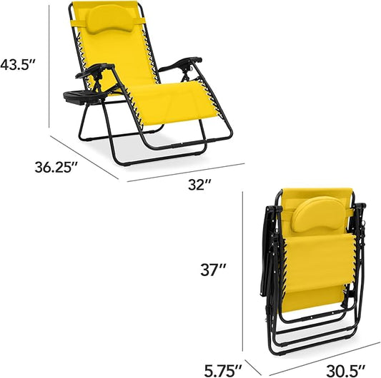 Best Choice Products Oversized Zero Gravity Chair, Folding Outdoor Patio Lounge Recliner w/Cup Holder Accessory Tray, Pillow - Sunflower Yellow