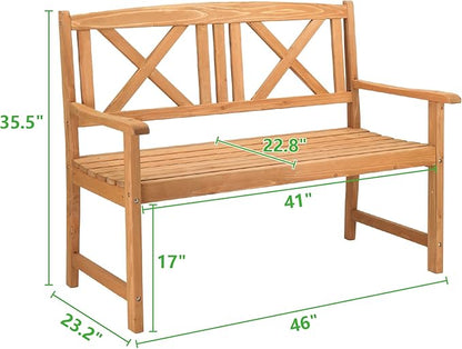46" Outdoor Garden Bench Solid Wood Patio Park Bench Elegant Porch Deck Loveseat with Back and Armrest