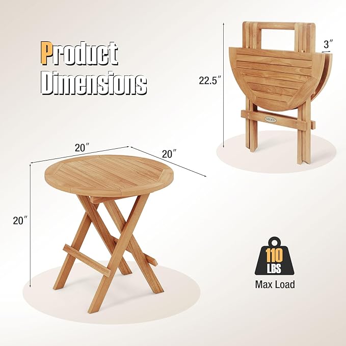 Tangkula Patio Folding Side Table, Teak Wood Round Coffee Table w/X-Shaped Legs & Slatted Tabletop - Photo 3