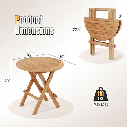 Tangkula Patio Folding Side Table, Teak Wood Round Coffee Table w/X-Shaped Legs & Slatted Tabletop, Portable & Compact Outdoor End Table for Backyard, Deck, Lawn