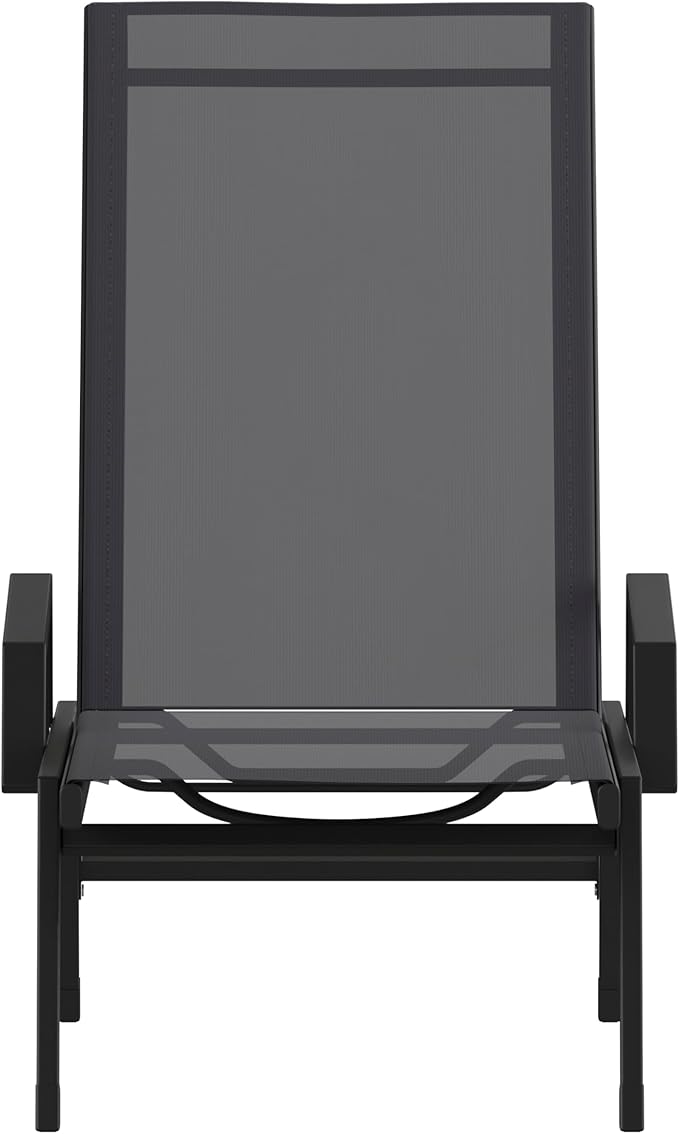 EMMA + OLIVER Braelin Adjustable Patio Chaise Lounge - Black Textilene Seat - 5 Recline Positions - Metal Frame - All-Weather