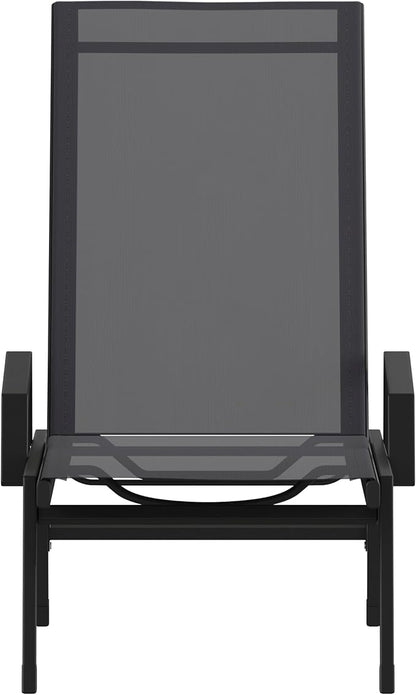 EMMA + OLIVER Braelin Adjustable Patio Chaise Lounge - Black Textilene Seat - 5 Recline Positions - Metal Frame - All-Weather
