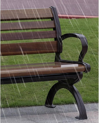LITFAD Outdoor Bench Modern Park Bench with Corrosion Resistant Metal Frame, Dark Brown Wooden Seating with Backrest, Garden Bench for Patio, Lawn, Yard, Porch - Type G, 71" L x 23.5" W x 31" H