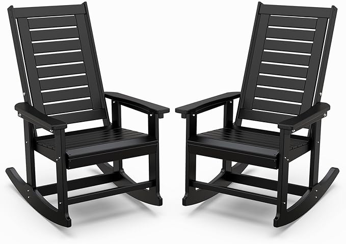 IVY&LANE Outdoor Rocking Chairs Set of 2 | HDPE Plastic | Porch-Rockers | All-Weather | Black | High Back | Wide Seat | Oversized Patio Rocker for Adult | for Outside Deck Balcony Garden