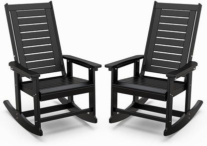 IVY&LANE Outdoor Rocking Chairs Set of 2 | HDPE Plastic | Porch-Rockers | All-Weather | Black | High Back | Wide Seat | Oversized Patio Rocker for Adult | for Outside Deck Balcony Garden