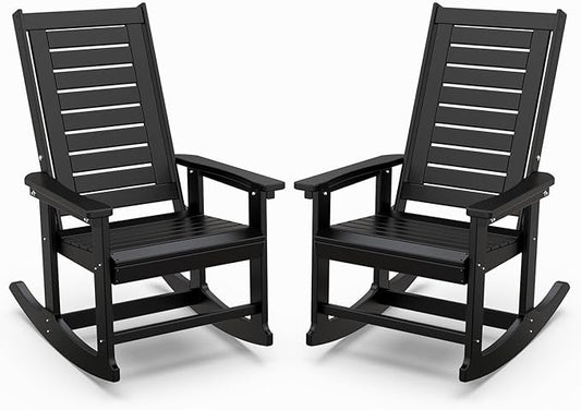 IVY&LANE Outdoor Rocking Chairs Set of 2 | HDPE Plastic | Porch-Rockers | All-Weather | Black | High Back | Wide Seat | Oversized Patio Rocker for Adult | for Outside Deck Balcony Garden