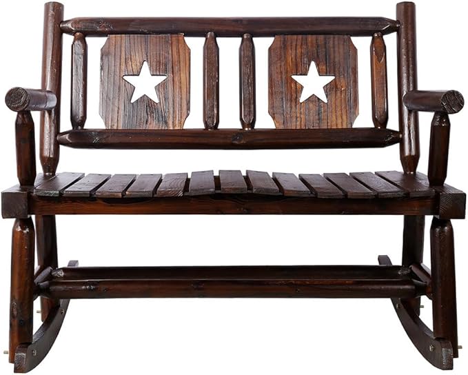Outdoor Wooden Rocking Bench for 2, Heavy Duty Patio Rocker Loveseat 700 LBS Capacity, Solid Wood Double Rocking Chair for Porch, Garden, Balcony, Rustic Brown